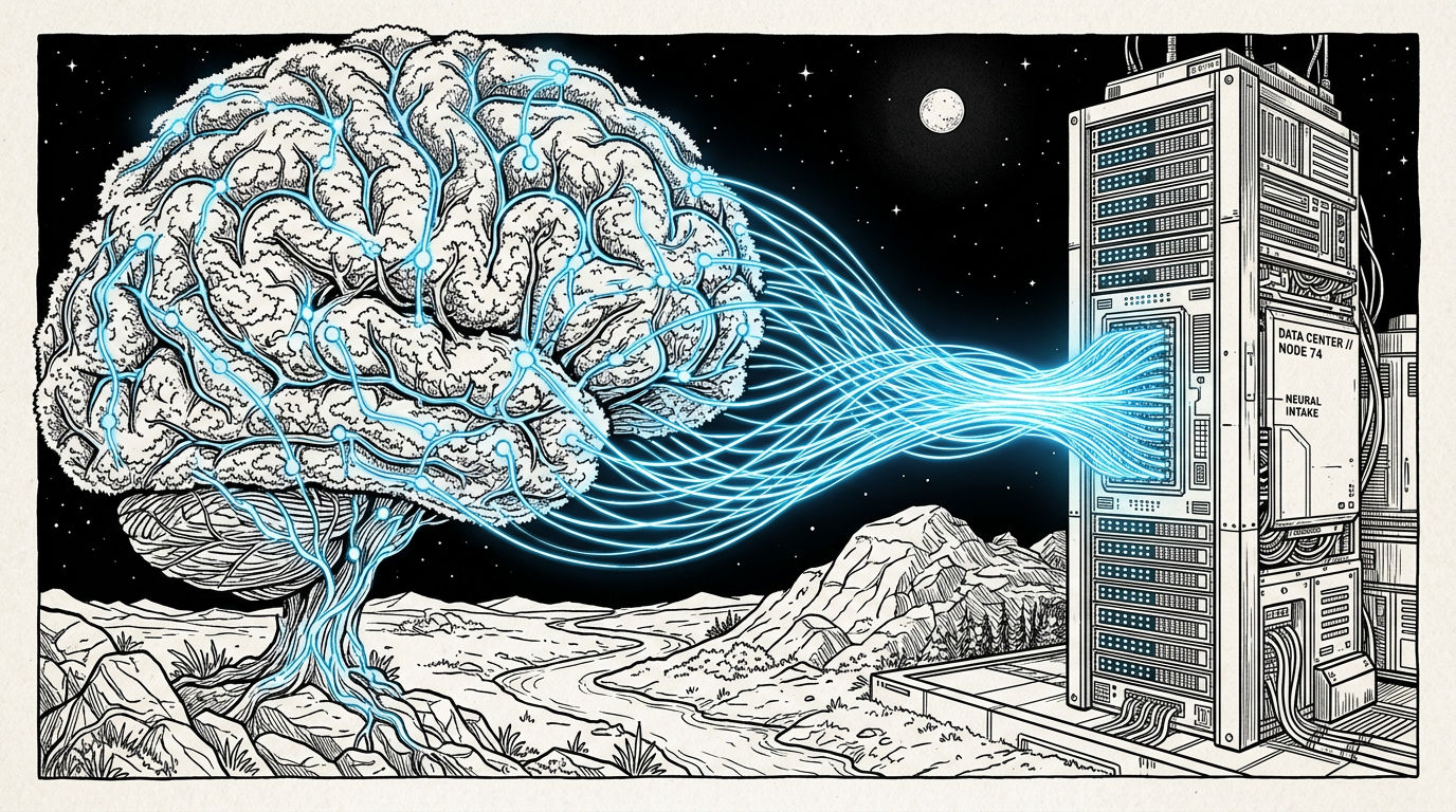Illustration of a brain connected to a data center server with glowing blue neural lines